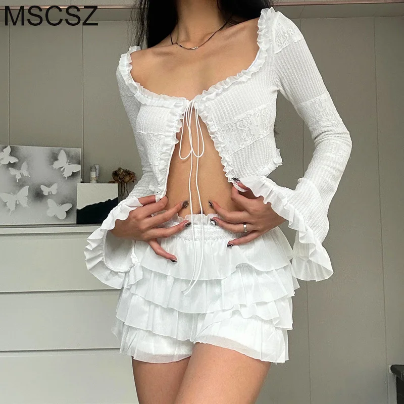 

MSCSZ Long Sleeve Top And Mini Skirt Set Sexy Spring Summer Club Festival Outfit Tiered Ruffle Matching Sets