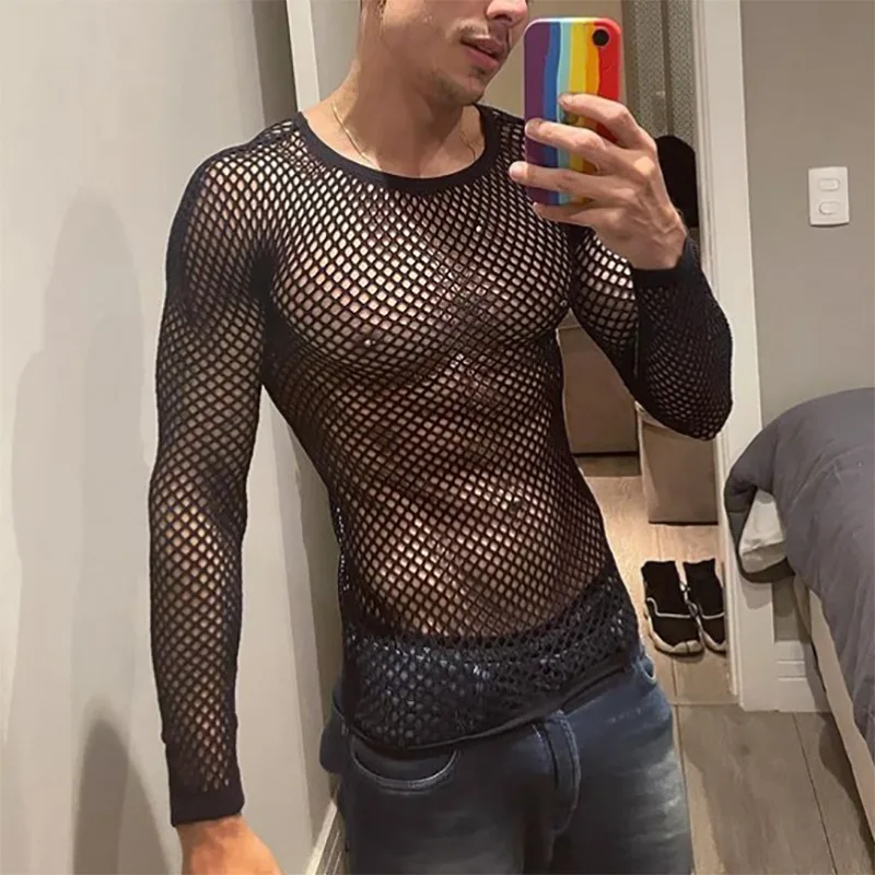 

Men's mesh long-sleeved shoulder-down perspective T-shirt sexy nightclub clothes fitness breathable fishing net hollow T-shirt