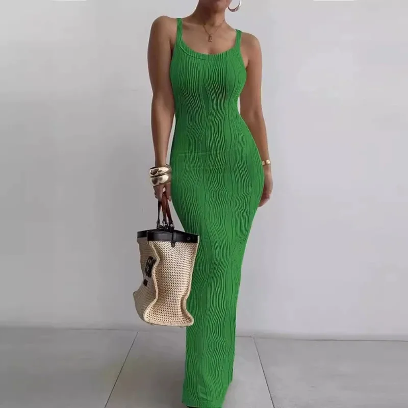 

Europe and America cross-border spring and summer hot-selling solid color water wave pattern spaghetti strap long dress