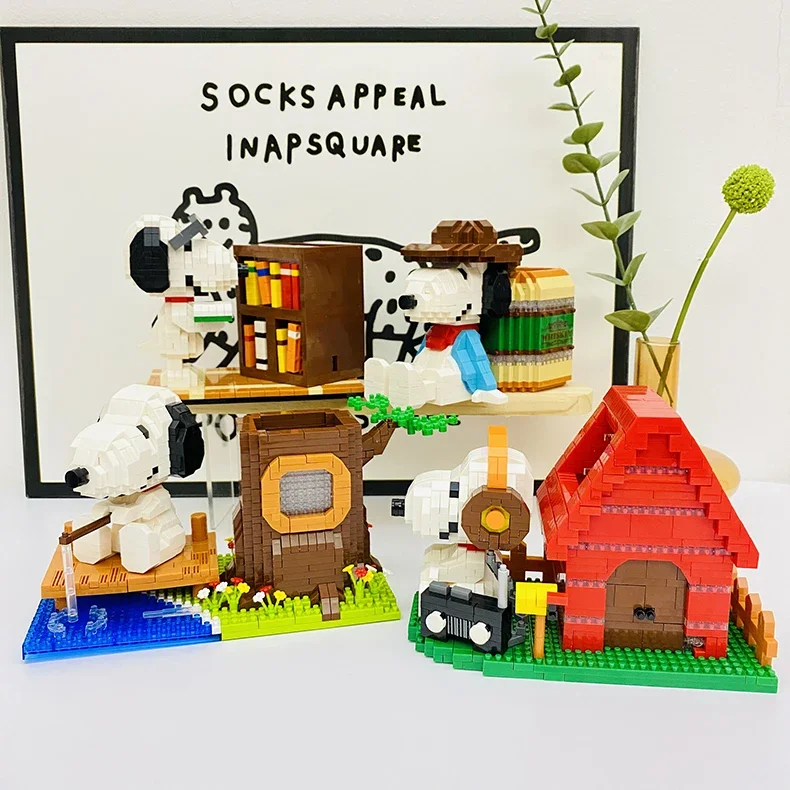 Rest Snoopy Micro bloques de construcción música pesca Snoopy portalápices modelo 3D lindo rompecabezas Mini ladrillos figura juguetes para regalo de cumpleaños