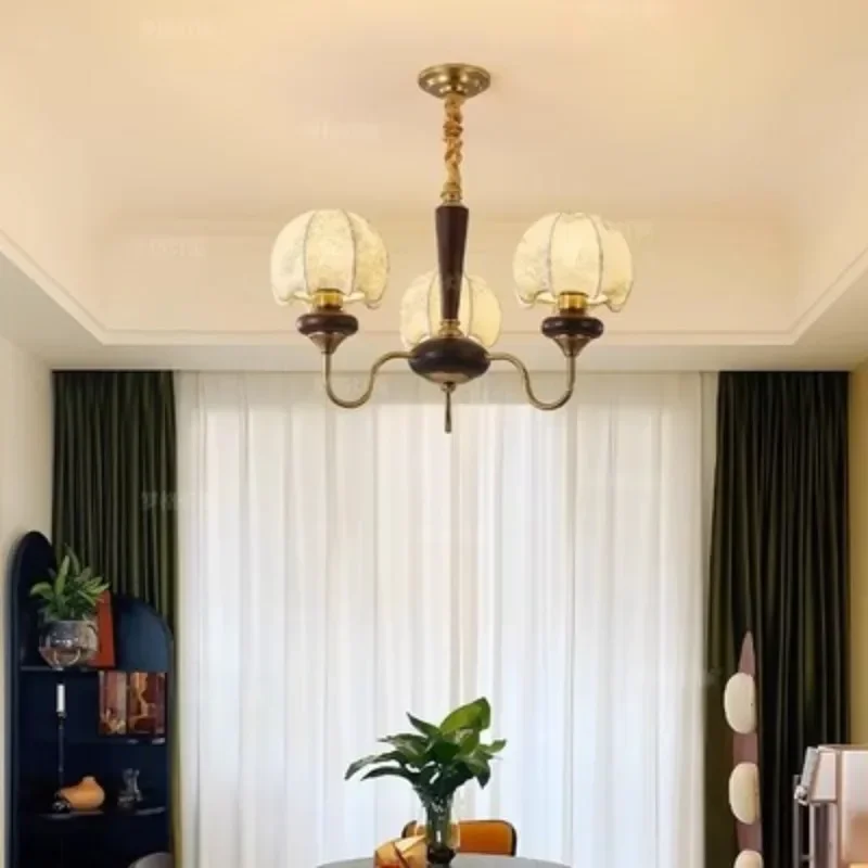 French Medieval Living Room Pendant Lamp, American Retro Fabric Pattern Bedroom Lamp, Nanyang Style Homestay Walnut Wood Lamp
