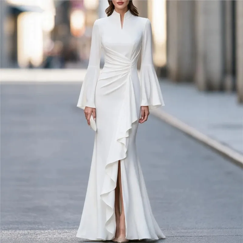 Woman's Elegant Evening Dress Spring Autumn Fashion Trumpet Sleeves High Waist Pleated Hem Design Dresses Ladies Slim Vestidos