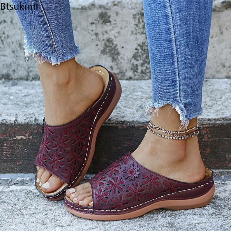 

New 2025 Summer Women's Wedge Flower Sandals Open Toe Sandals Vintage Anti-slip PU Leather Casual Female Platform Retro Shoes