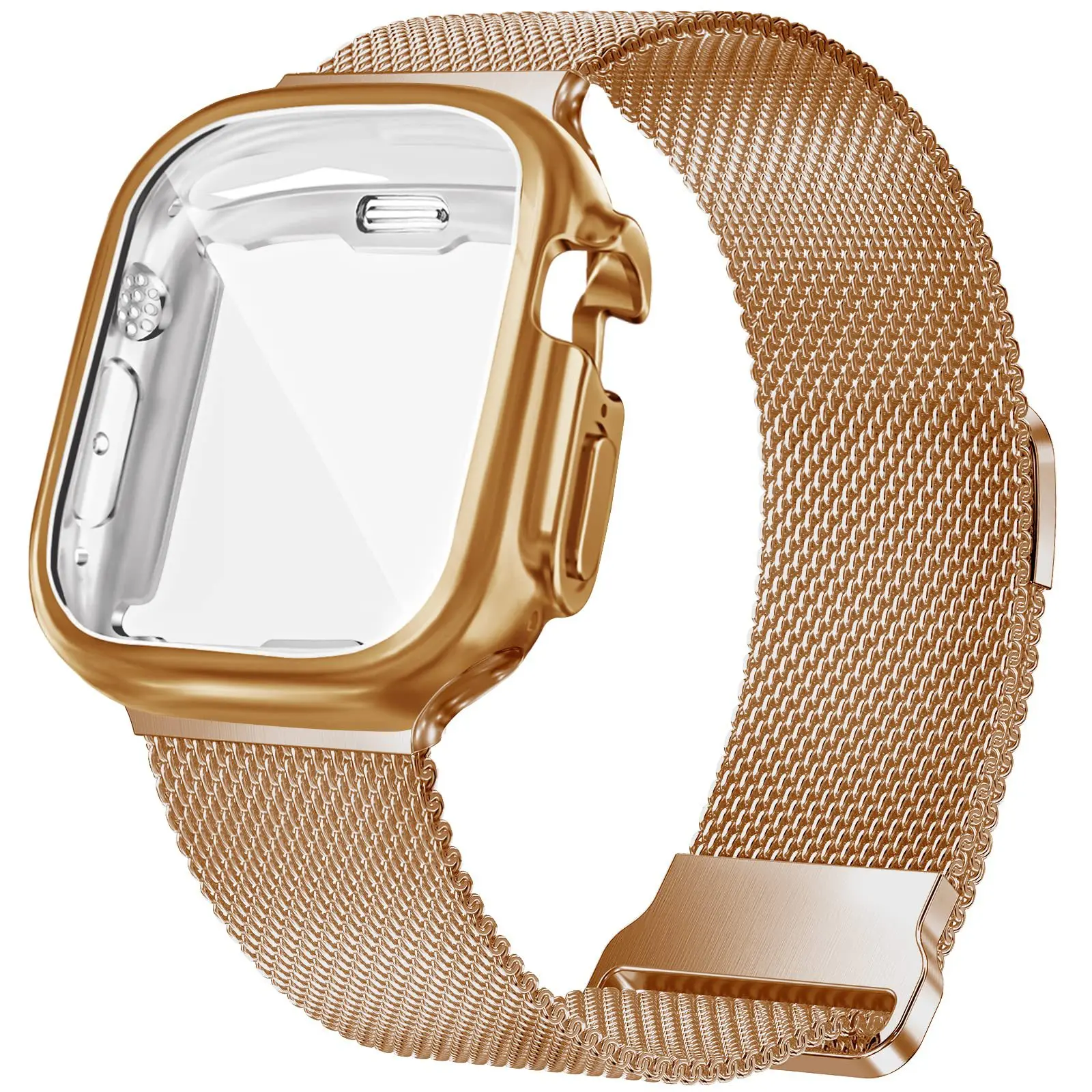 

Подходящий ремешок для Apple Watch 10-го поколения, ультратонкий, из нержавеющей стали, с защитным чехлом из TPU с гальваническим покрытием, полностью закрывающим корпус.