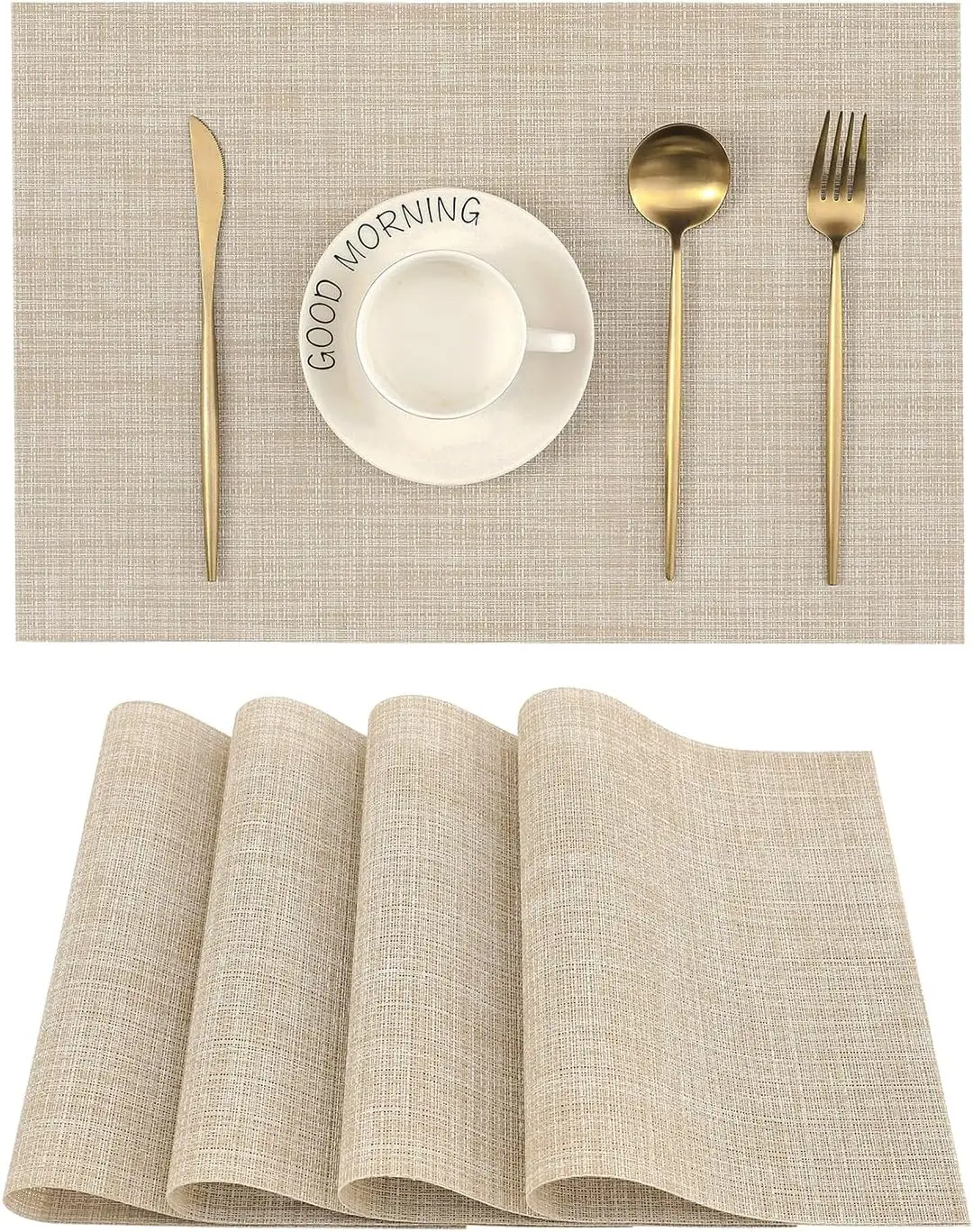 

Beige Placemats Set of 4 - Heat Resistant Non-Slip Washable PVC Woven Table Mats