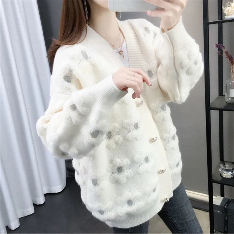 

Women Knitted Cardigan Sweater Fashion Autumn New Fashion V-Neck Single-Breasted Knitwear Outerwear Loose Ladies Tops Tide B459