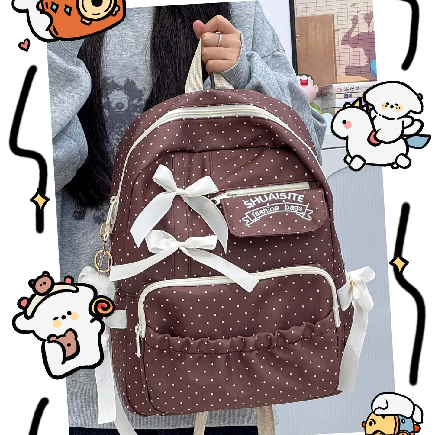 

Nylon lightweight student backpack with large capacity, cute double-shoulder bag, polka dot bow, cute backpack