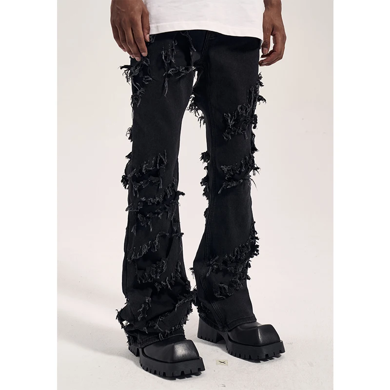 High Street Style Wasteland Style Pants Ripped Avant-Garde men's Dark Jeans