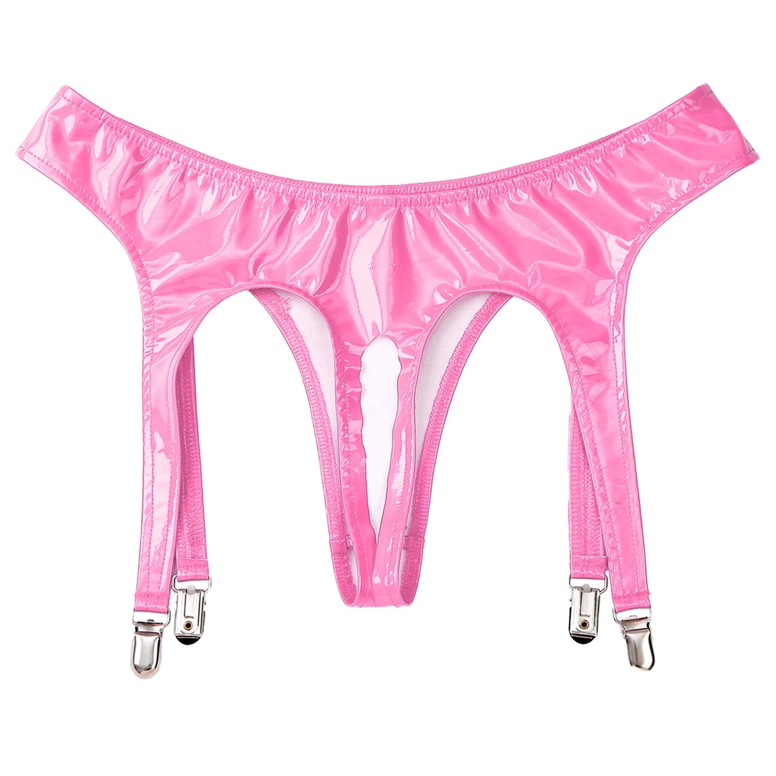 Womens Glossy Patent Leather Briefs Underwear with Garter Clips Open Crotch Panties Underpants Thong Lingerie Clubwear