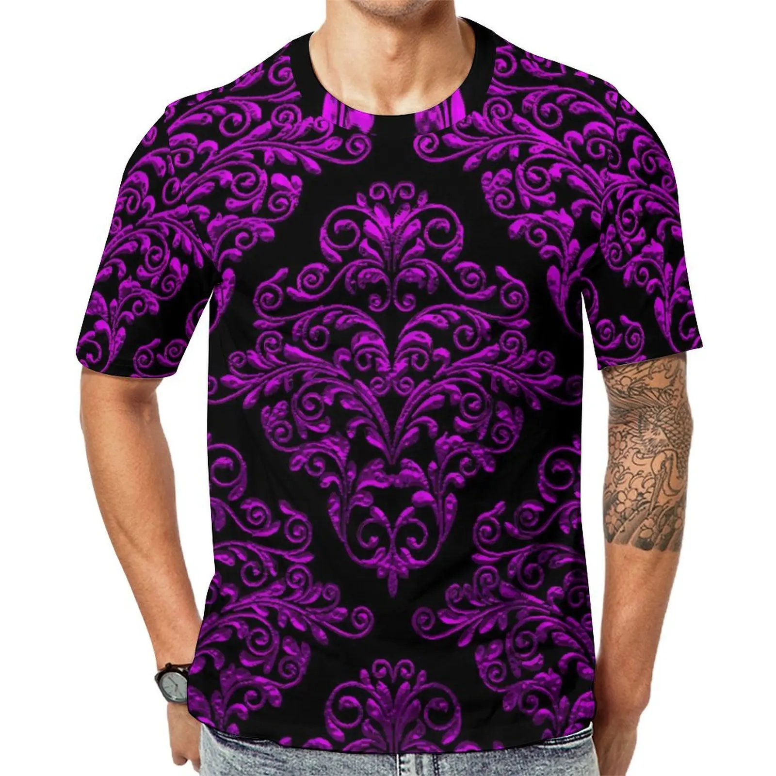 Plus Size T Shirt Summer Elegant Damask T-Shirts Black Purple Funny Crew Neck Tshirt Male Harajuku Graphic Tops