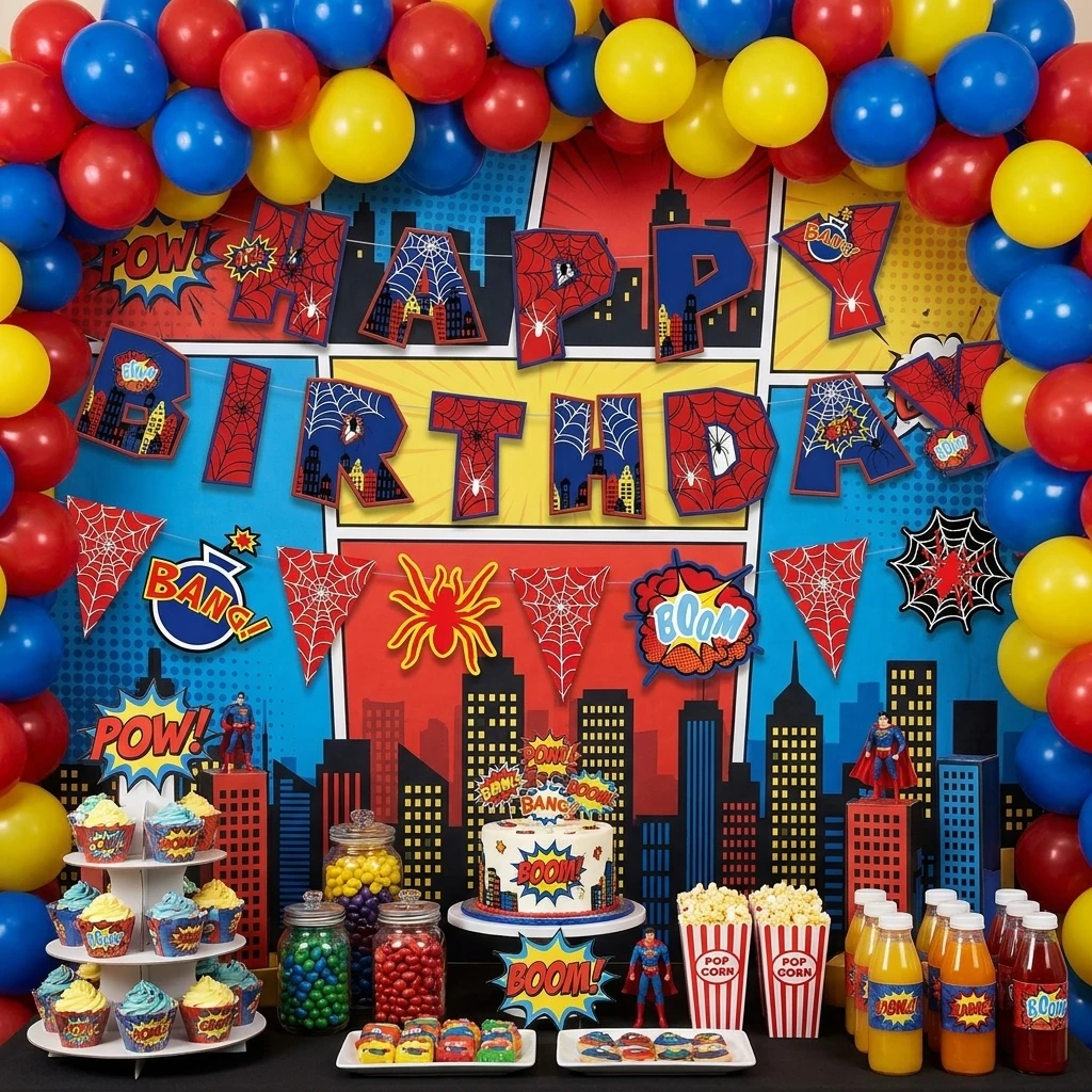 City Hero Spinnennetz-Themen Geburtstagsparty-Banner Dekoration für Kinder Jungen Mädchen Partyzubehör Fotobox Babyparty-Geschenke – Detail 3