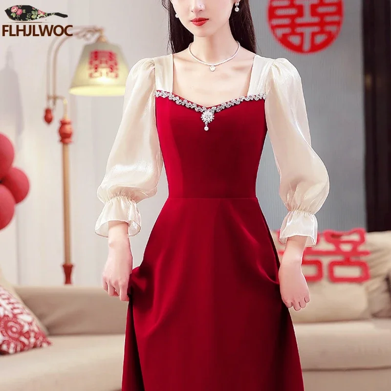 New Year Christmas Chic Elegant Annual Meeting Red Dress Women Square Neck French Design Bling Bride Long Party Dresses Vestido