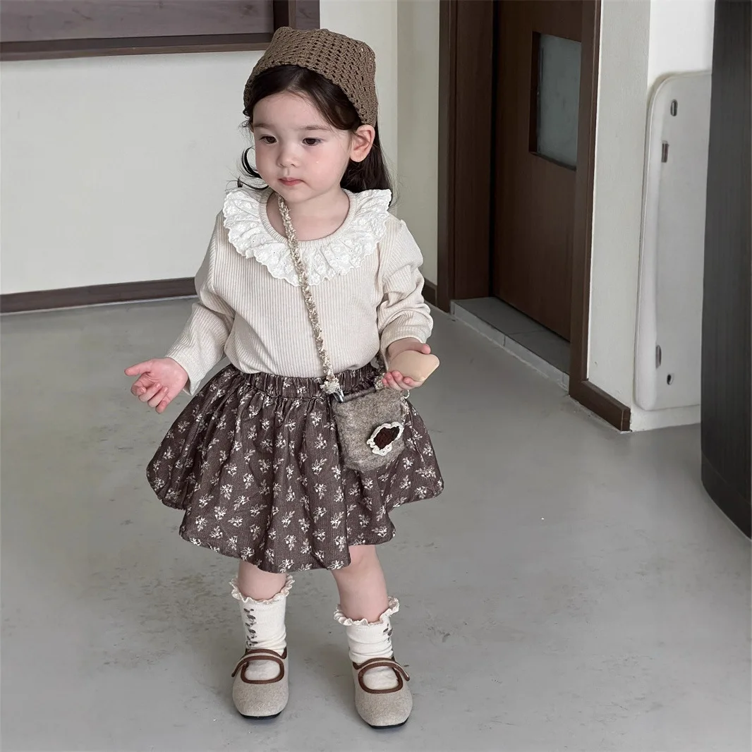 Two-piece Suit Wood Ear Collar Baby Shirt Floral Short Skirt Set Grils Children Sweet Cute Korean Loose Casual Comfortable