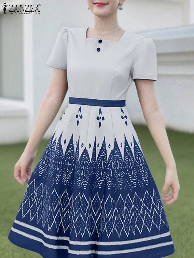 2025 ZANZEA 우아한 오피스 드레스 여성 여름 짧은 소매 미디 Sundress 패션 파티 Vestido 캐주얼 스퀘어 칼라 롱 가운