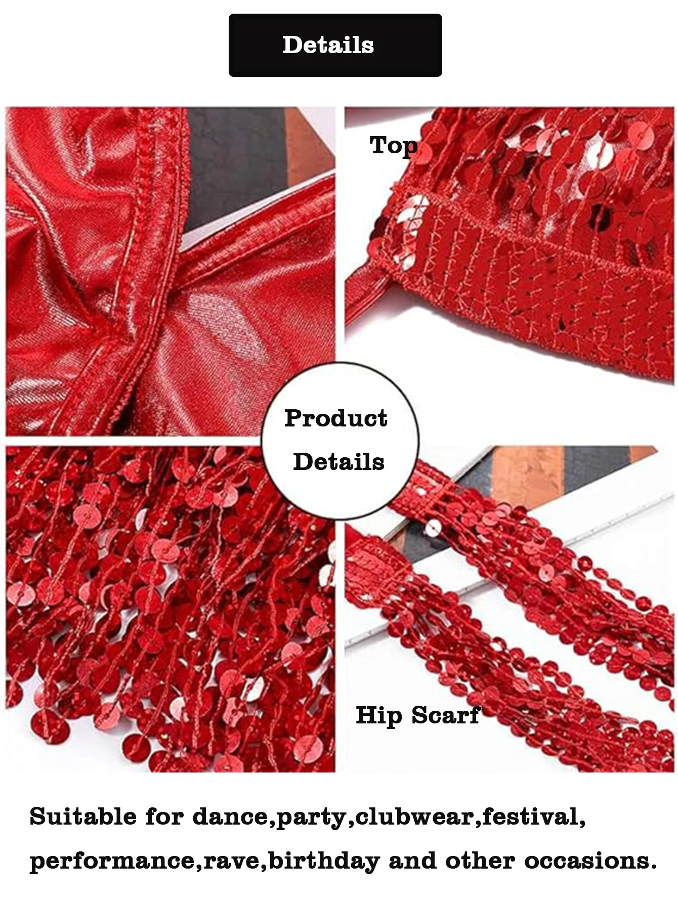 Bauchtanz Top BH Gürtel Set Latin Pailletten Fransen Neckholder Hüftrock Sexy Party Kostüm 4-lagige Quaste Bühnenaufführung Stoffkleidung – Detail 17
