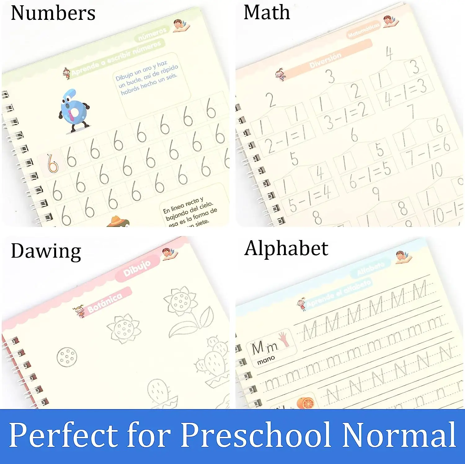 4 Books Spanish Montessori Magic Practice Copybook Set Reusable Handwriting Tracing Workbook Alphabet Number Math Drawing