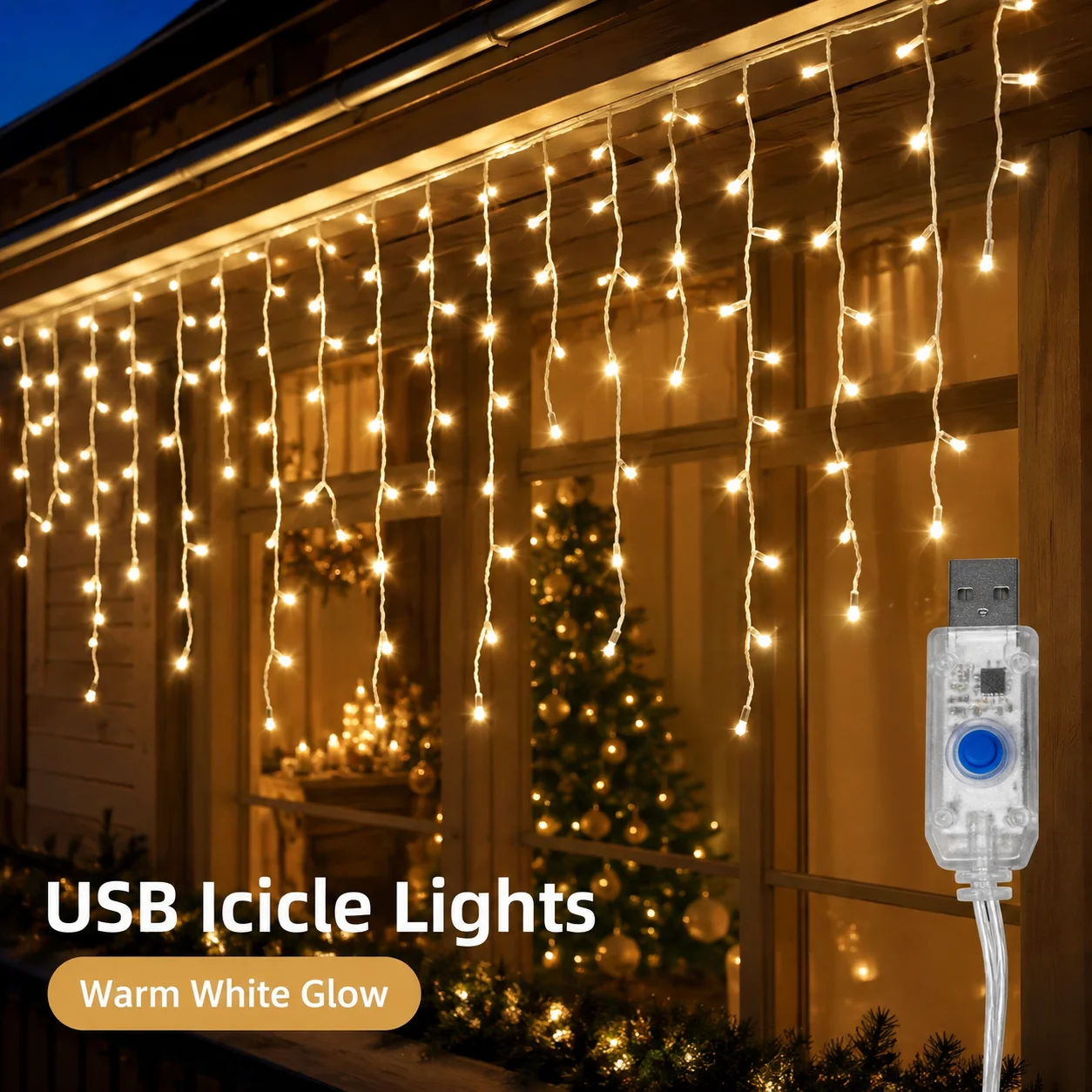 USB Icicle Lights Christmas Curtain String Lights USB Powered 4M/8M 100/190LED 8 Modes for Roof Window Patio Party Xmas Decor