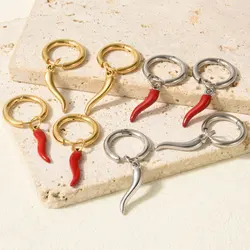 1Pair Stainless Steel Korean Styles Enamel Italian Lucky Horn Chili Hoop Earrings Y2K Girl Hot Pepper Aretes Para MujerJewelry
