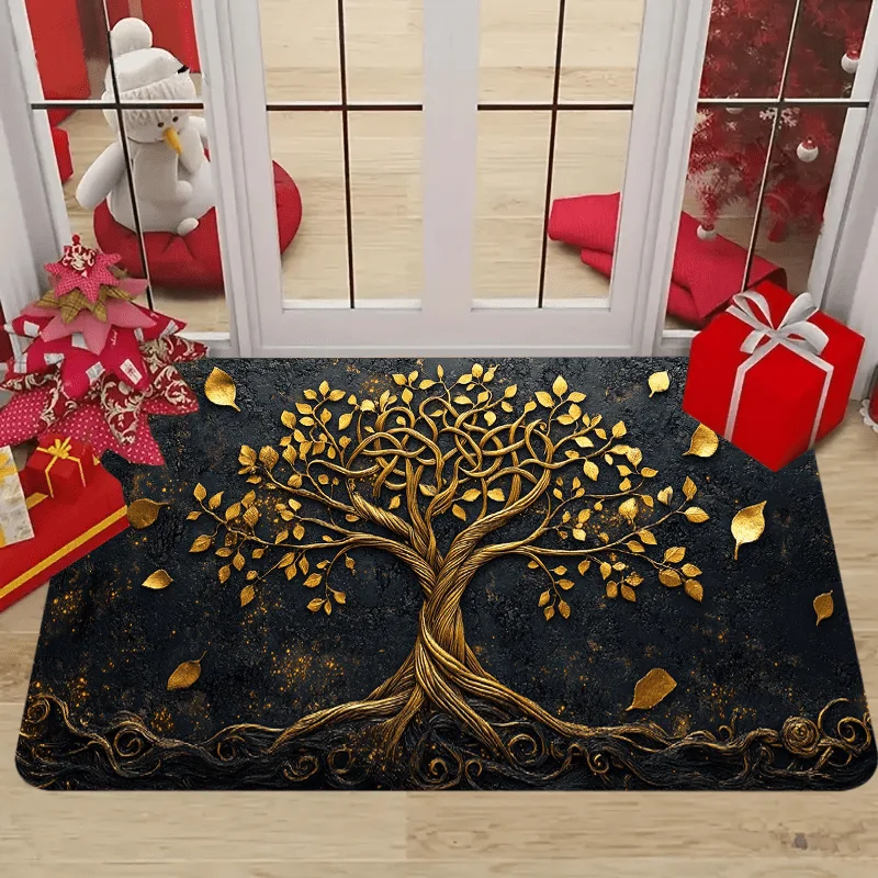 Golden Tree of Life Celtic Knots Doormat,  Black Gold Polyester Mat for Christmas Home Entrance Decor, Washable