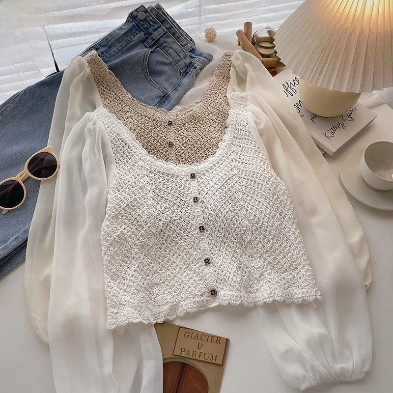 

Korean Style Short Doll Shirt Women's Spring Summer Bubble Sleeve Mesh Paneling Large round Neck Fashionable Trendy Top