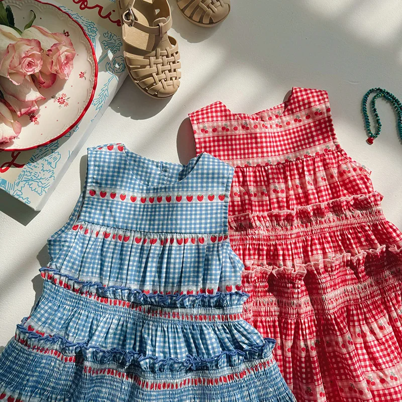 Girls Casual Dresses Cherry Print Sweet Girl Dress Sleeveless Sundress Cake Dress for Kids Clothes for Girls 2 To 7 Years