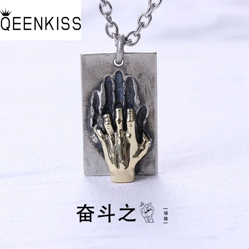 

QEENKISS 925 Sterling Silver Vintage Fighting Hands Necklace Pendant For Women Men Party Birthday Wedding Christmas Gift PT630