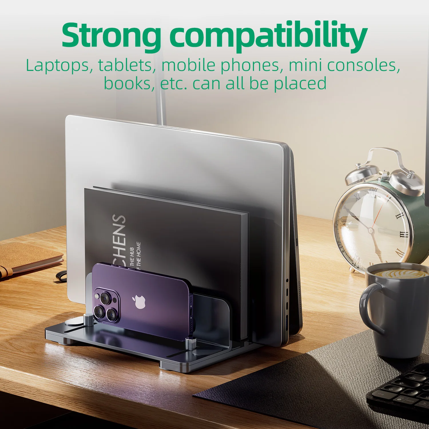 Dual Slot Adjustable Vertical Laptop Stand Alloy for Tablet Phone E-Book Anti Slip Desktop Storage Stand