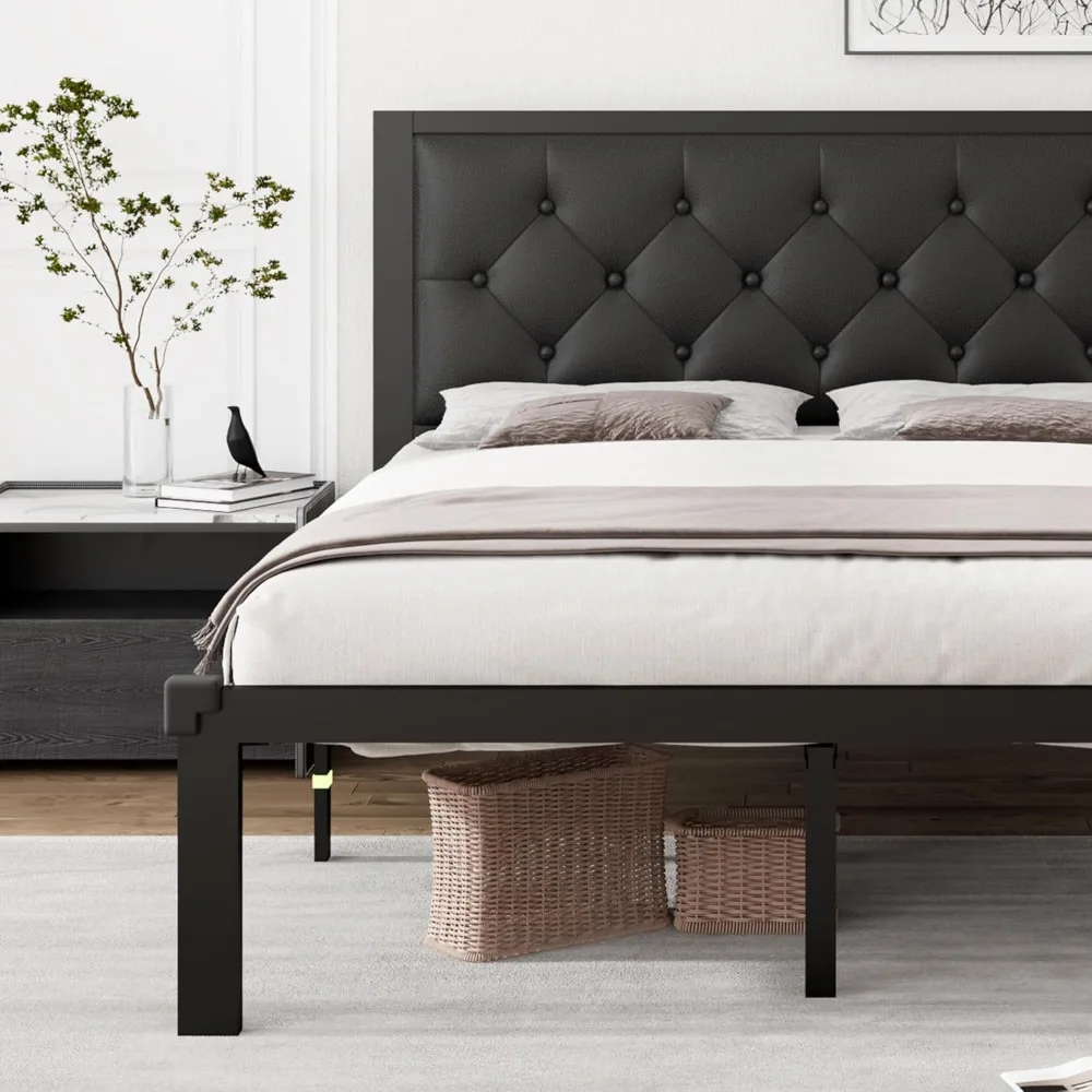 iPormis Full Metal Bed Frame, Faux Leather Platform Bed Frame with Button Tufted Headboard, 12