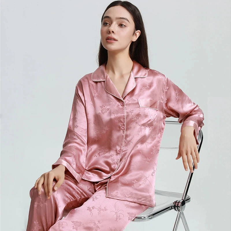 

Жаккардовый пижамный комплект из 100% тутового шелка на пуговицах, женские топы и брюки с длинными рукавами, пижамная одежда для сна, кардиган с лацканами, ночная рубашка PJS