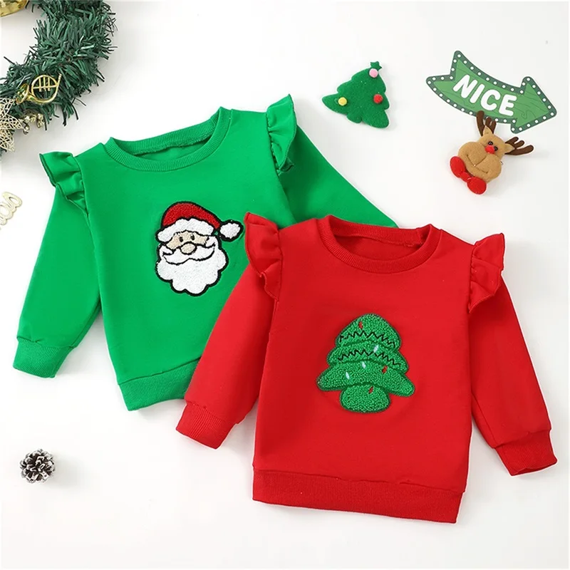 

0-3Y Baby Girls Christmas Sweatshirt Ruffled Long Sleeve Crew Neck Plush Embroidery Santa Claus Pullover Hoodie Tops