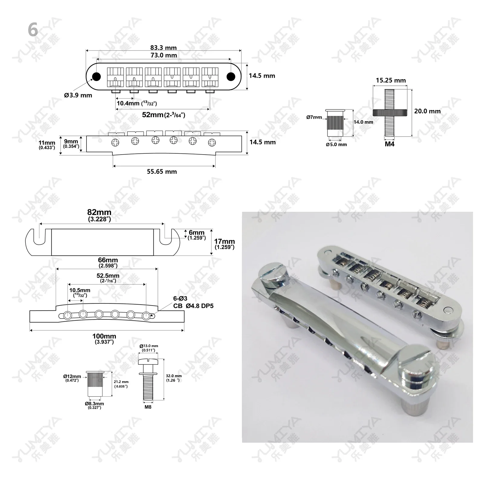 Guitar Fixed Saddle Bridge Tailpiece Set with ABR-1 Style Tune-O-Matic Bridge Chrome for ABR LP SG EPi Electric guitars