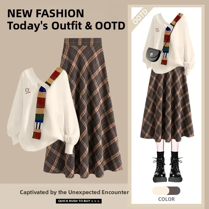 Herfst Winter Dames Zoet Ontwerp V-hals Gebreide Trui Geruite Rok Tweedelige Set Hoge Taille Midi Rok Trendy Sle