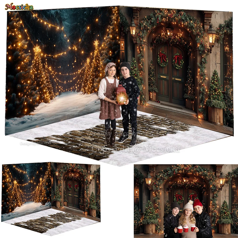 

Christmas Eve Background Photography Rustic Log House Snowy Brick Road Backdrop Glitter Xmas Tree Forest Decor Kids Winter Photo