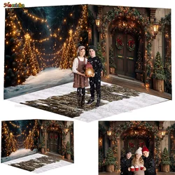 Christmas Eve Background Photography Rustic Log House Snowy Brick Road Backdrop Glitter Xmas Tree Forest Decor Kids Winter Photo