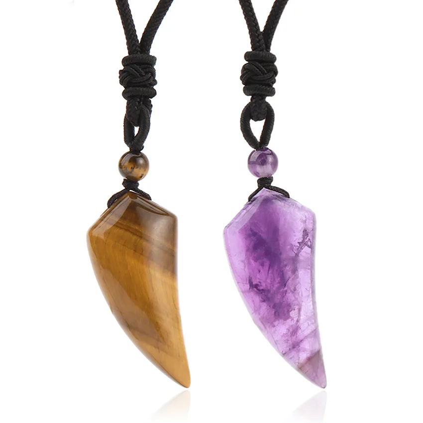 New Natural Stone Wolf Tooth Pendant Necklace for Man Amulet Amethyst Tiger eye White Crystal Pendants Halloween Jewelry Women