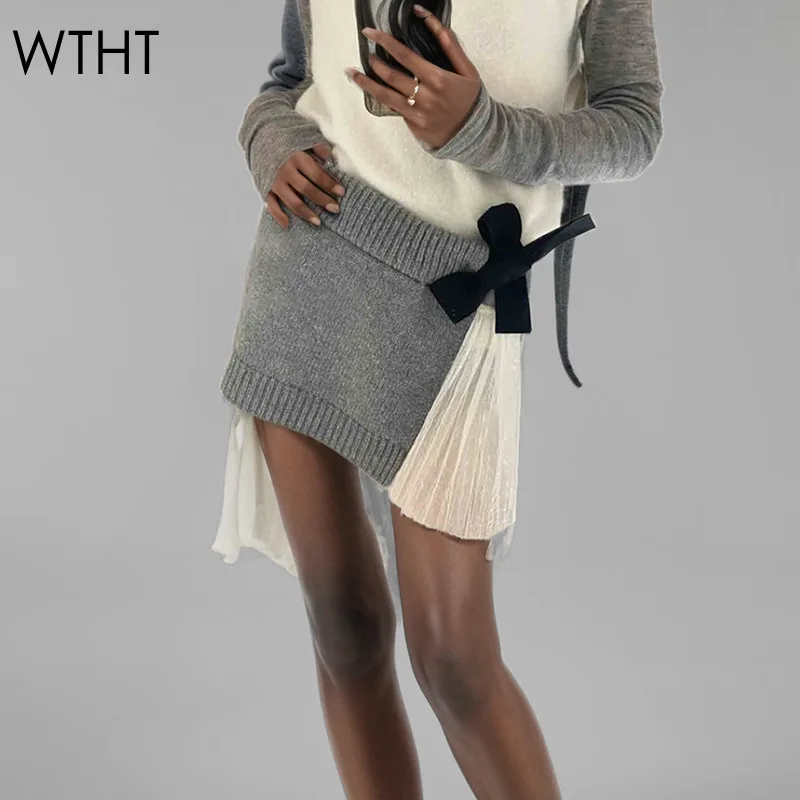 

WTHT Новая модная женская вязаная мини-юбка с бантами, осень 2024, модная эластичная юбка с высокой талией и запахом на бедрах, женская 1LS292
