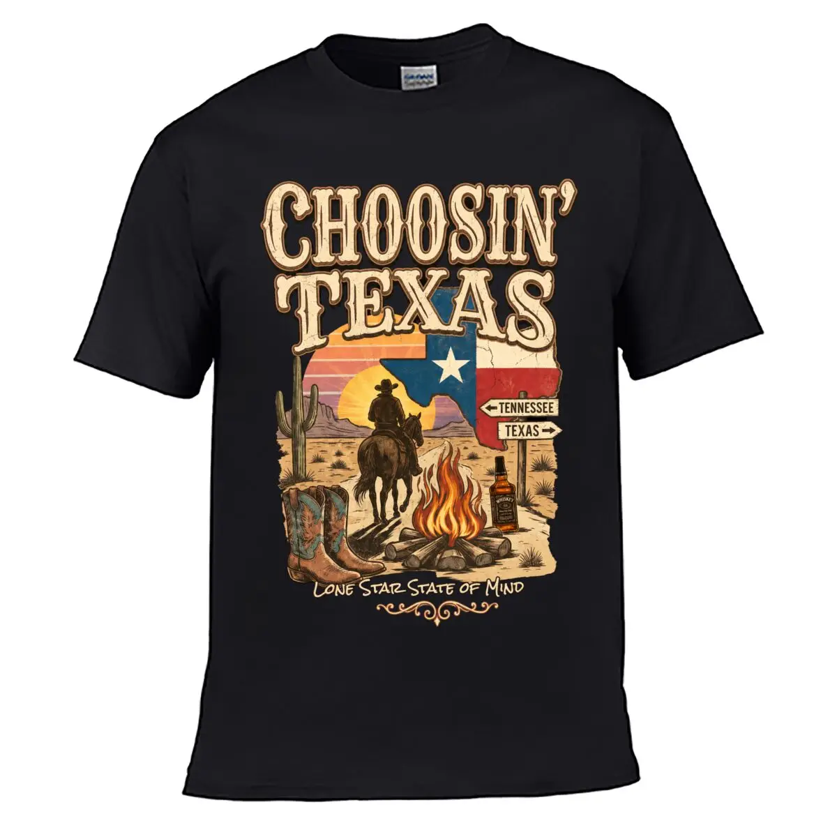 Choosin Texas Lone Star State Of Mind Cowboy Men Summer Washed Tee Loose Distressed Top