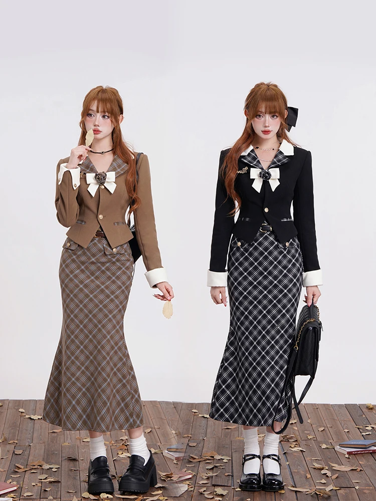 

American College Style Women's Suit Set Fish Tail Long Skirt Two Piece Set Versatile Outerwear Bodycon Autumn New Arrival