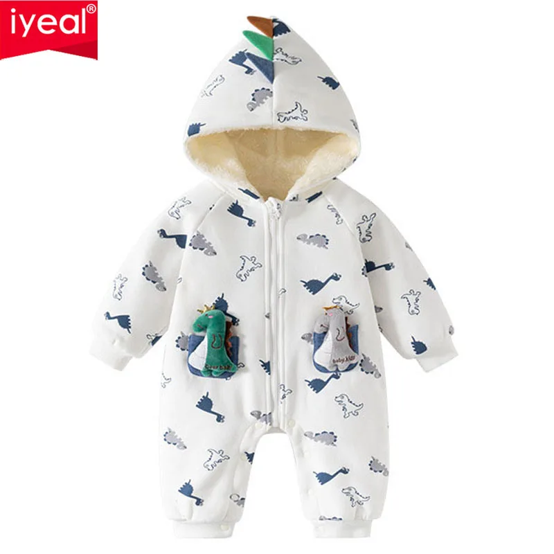 IYEAL Autumn And Winter Baby Boys And Girls Cute Cartoon Dinosaur Jumpsuit Newborn Warm Fleece Outdoor Clothing