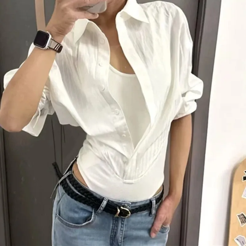 French Fashion Style Niche Women Pure Desire Fake Two-Piece Shirt Autumn Hot Girl Waist-Exposing Slim Fit Shirt Jumpsuit U9IS
