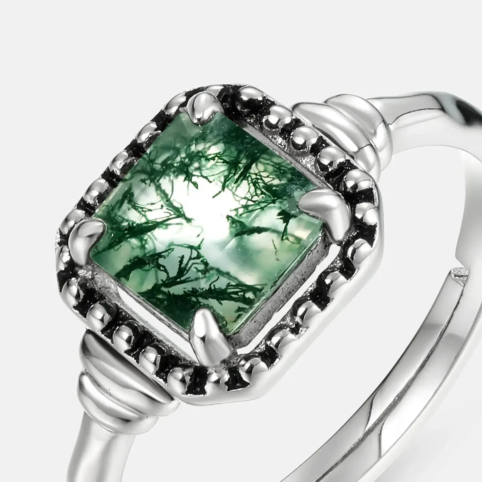 الحجر الطبيعي الأخضر الطحلب الدائري S925 الفضة مطلي 18K الذهب PT950 البلاتين العشب المياه العقيق الدائري