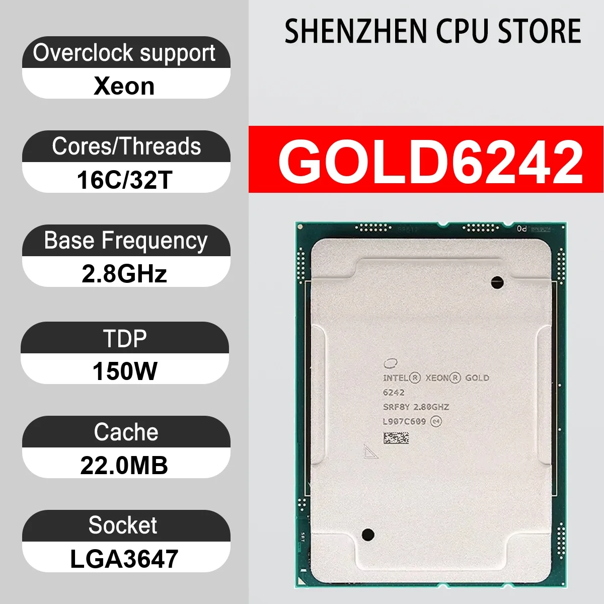 Intel Xeon GOLD6242 16 Core 32 Thread 2.8GHz 150W 22.0MB Cache 14nm Cascade Lake-SP DDR4-2933 MHz SRFPN LGA3647