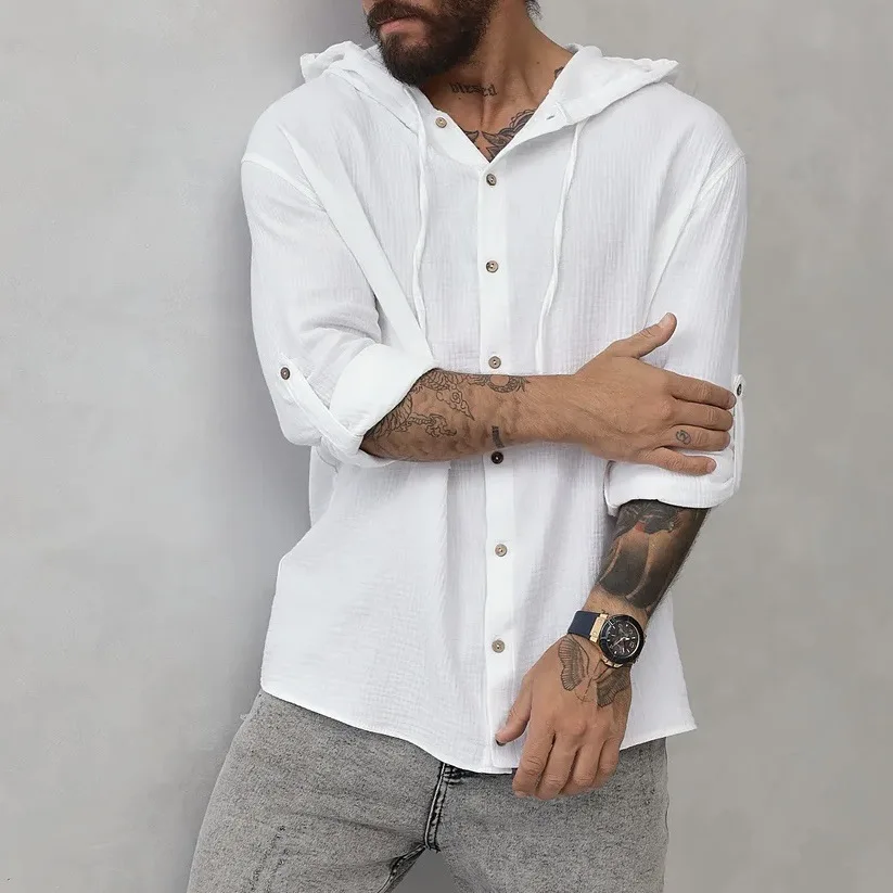 Spring and Summer Top Solid Color Hooded Cardigan Beachwear Long-sleeved Button-up Shirt Men