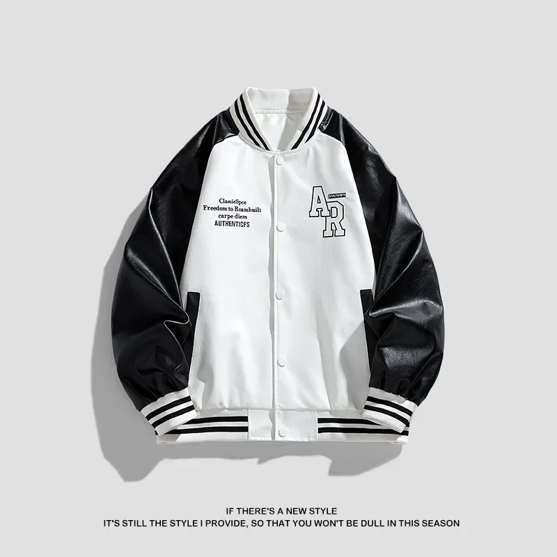 แจ็คเก็ตหนังผู้ชาย สีดำขาว ตัดต่อ สไตล์ลำลอง สวมใส่สบาย ทรงเข้ารูป หล่อ เท่ ทันสมัย เหมาะสำหรับฤดูใบไม้ร่วงและฤดูหนาว แจ็คเก็ตเบสบอลหนัง