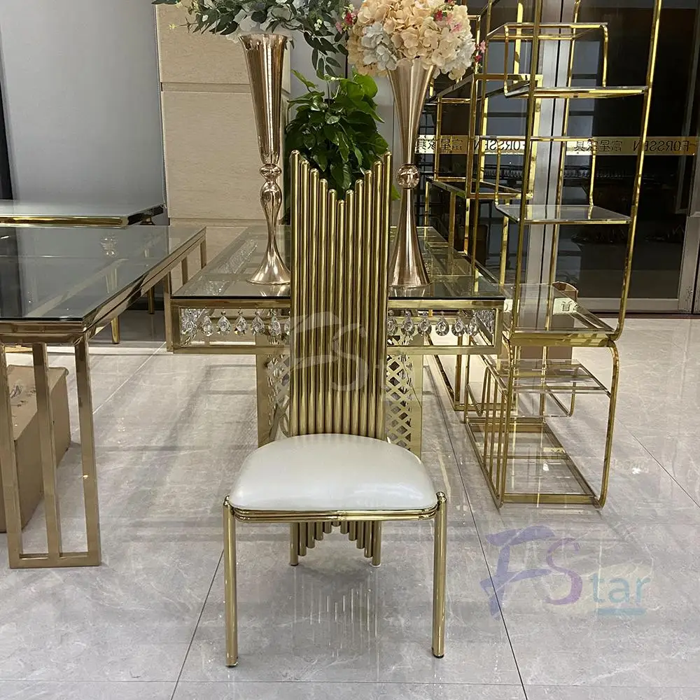 Hotel furniture luxury gold dining chair stainless steel high back event wedding dining chair