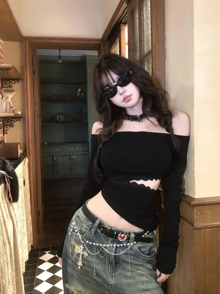 Tonngirls Backless Graphic T Shirts 2000s Japanese Y2k Long Sleeve Skinny Off Shoulder Crop Tops Gothic Print Gaphic Tops Tee