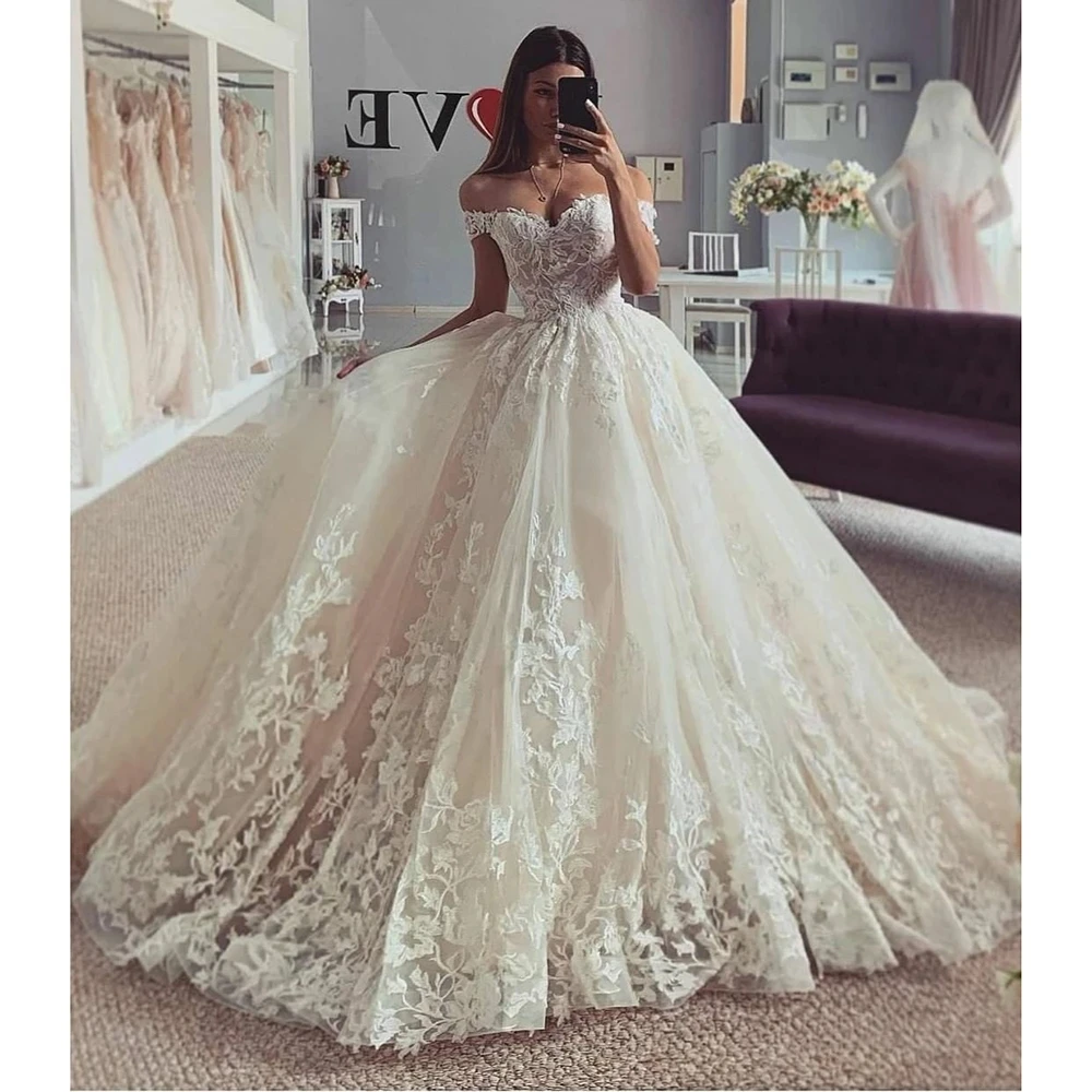 Vestidos De novia con apliques De encaje De color marfil, vestidos De novia De princesa elegantes con un hombro para mujer, Vestido De novia personalizado 2024