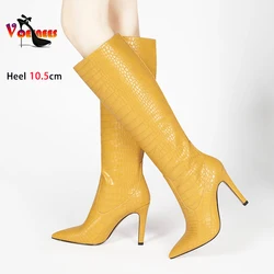 Women Boots Large Size 43 Stiletto Winter Wear Fashion Pointed Toe High Heel Shoes For Lady Yellow Snake Print Knee-High Boots