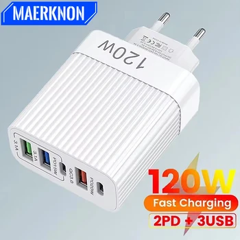 USB hızlı şarj 120W 5 port PD tipi C hızlı şarj telefon şarj adaptörü iPhone Samsung Xiaomi Huawei USB C duvar şarj