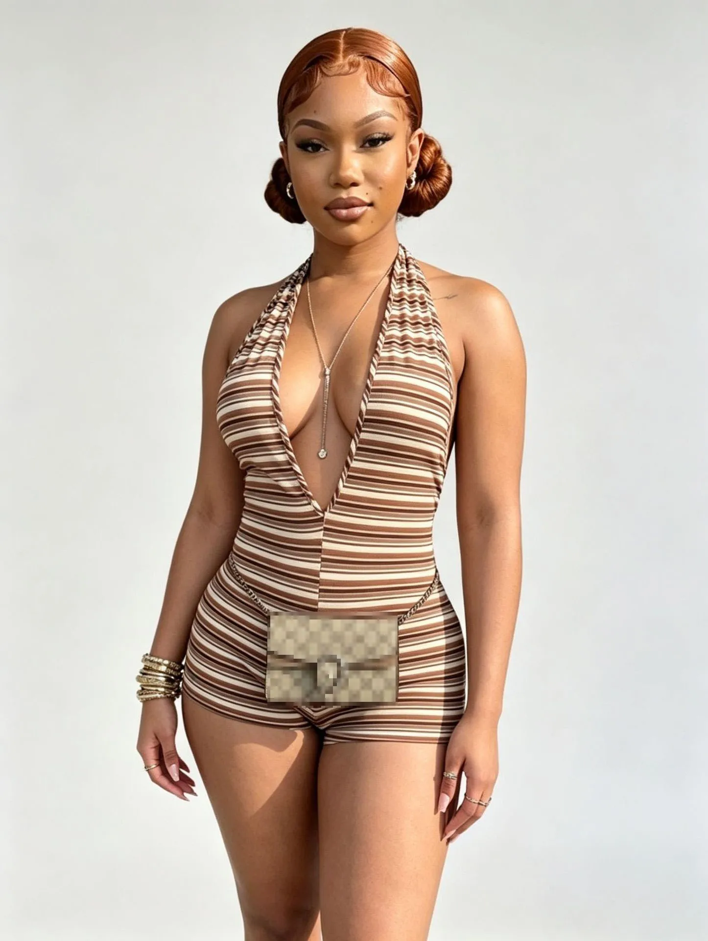 

Stylish Lady Ribbed Stripe Halter Romper Deep V Backless Bodycon Short Jumpsuit 2026 Women Summer Night Club Outfit